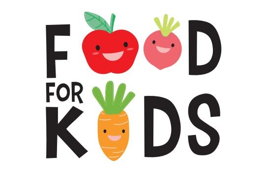 Un logo typographique avec l'inscription Food for Kids. Les deux O du mot Food sont une pomme et une betterave - tous deux ont un visage souriant. Le I de Kids est une carotte, elle aussi souriante. Les fruits sont représentatifs de l’alimentation saine dans nos crèches.